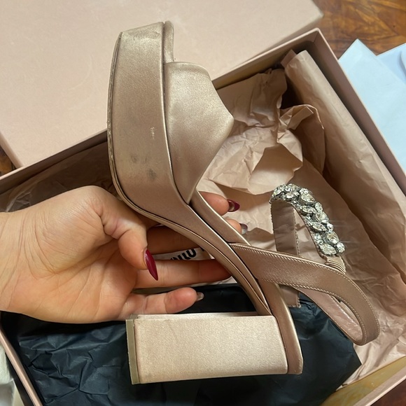 MIU MIU SATIN CRYSTAL EMBELLISHED BLOCK HEEL - Picture 4 of 4